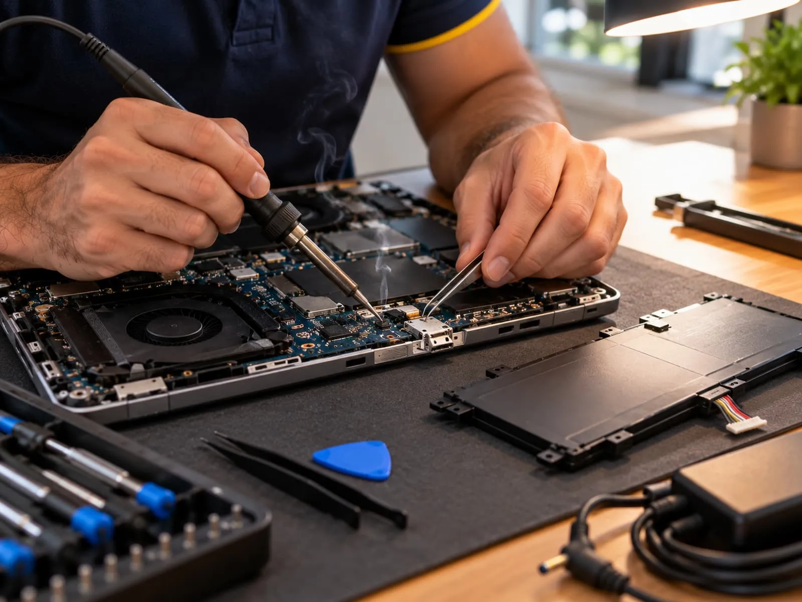 Laptop opened up on a workbench for a battery repair