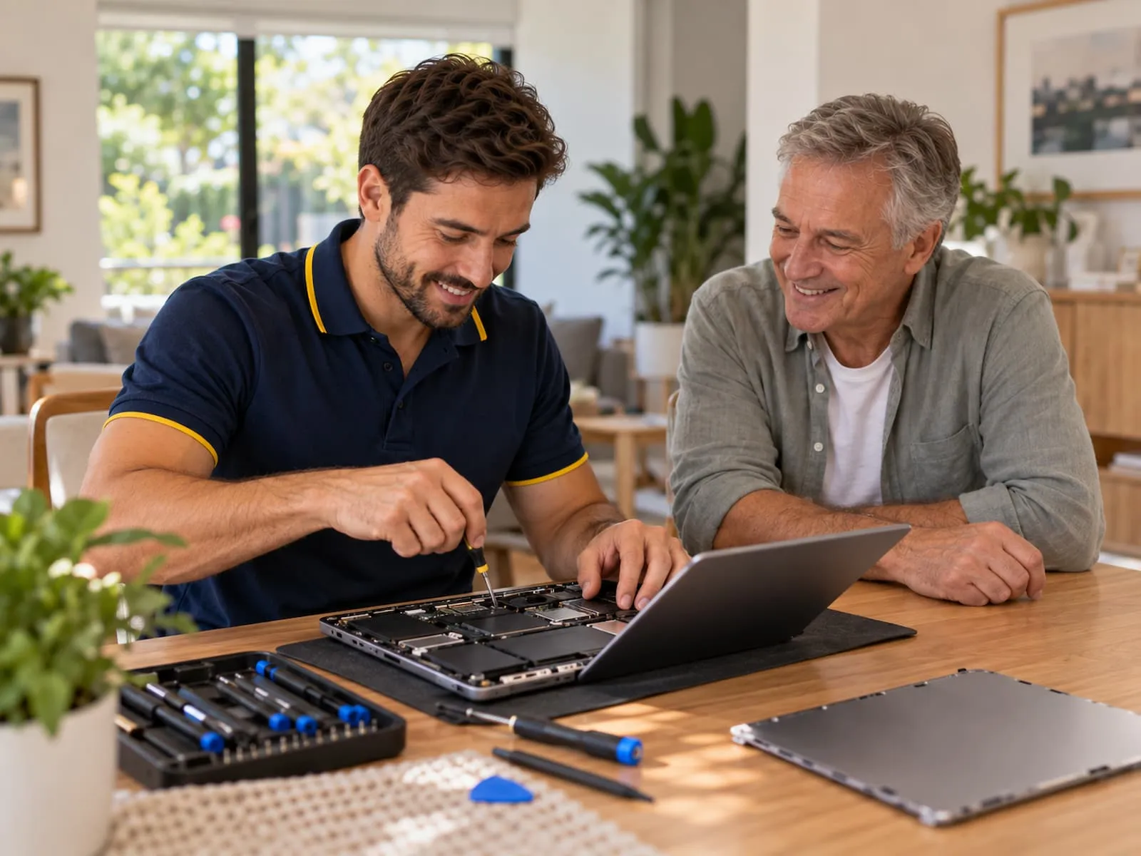 Technician repairing a laptop at a customer’s home