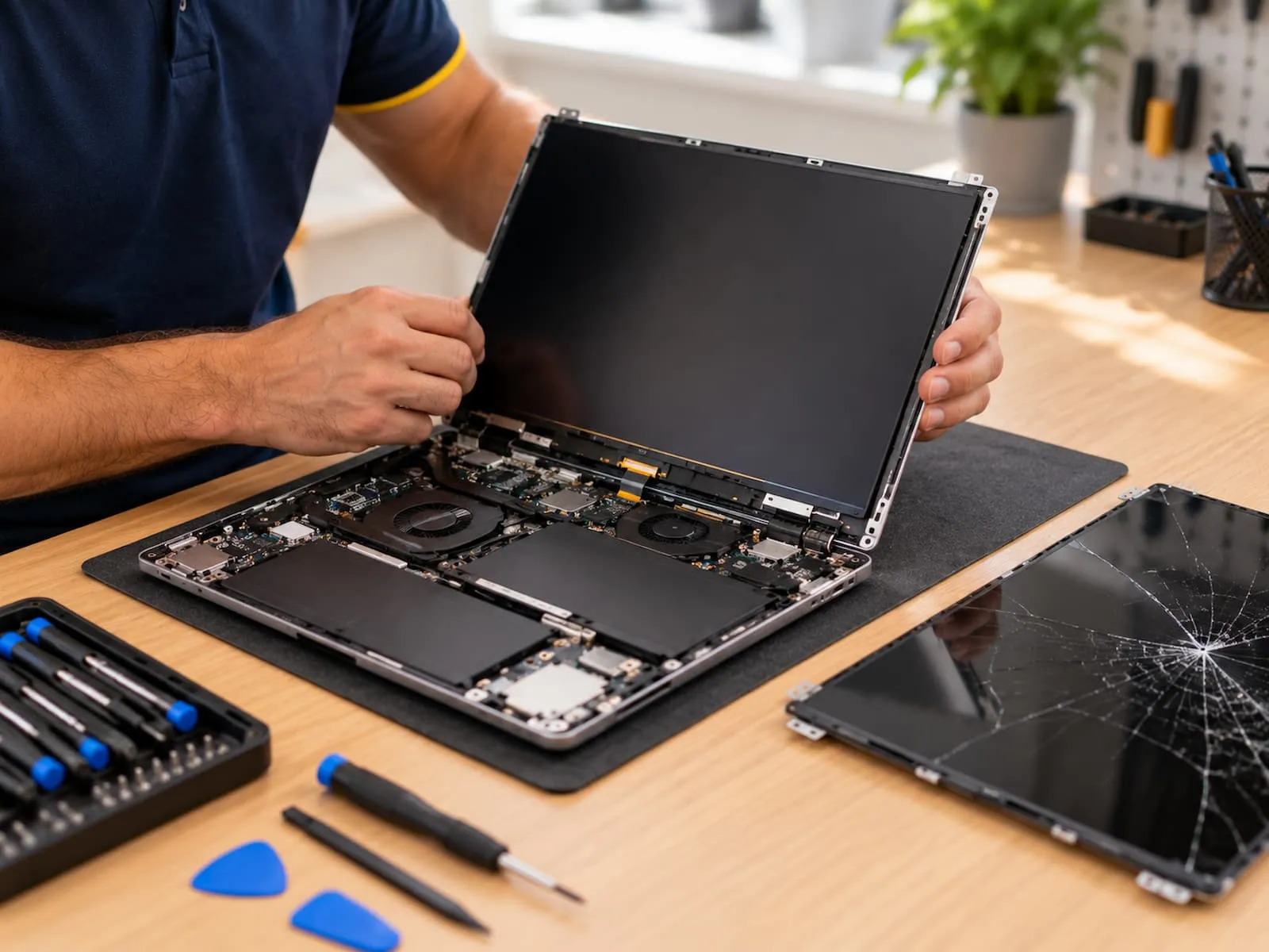 Technician fitting a new screen to a laptop
