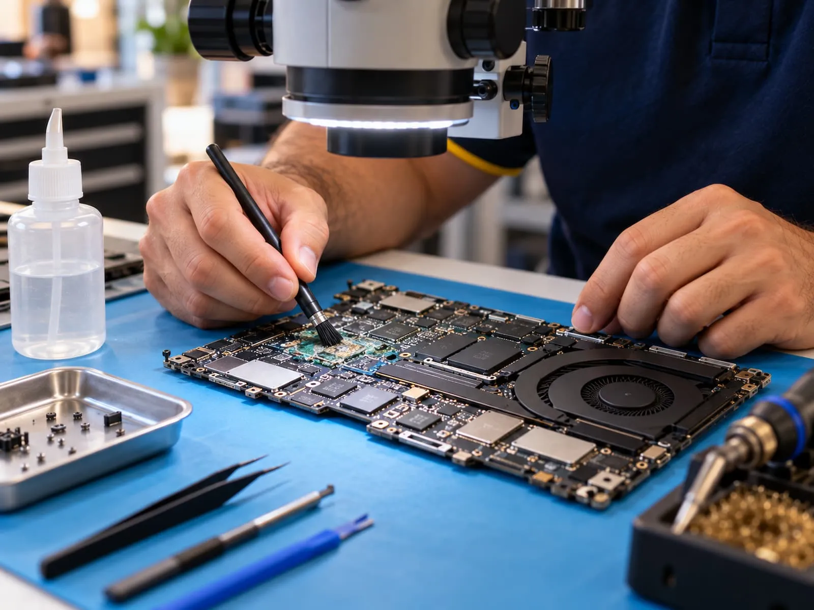 Technician cleaning a MacBook logic board under a microscope