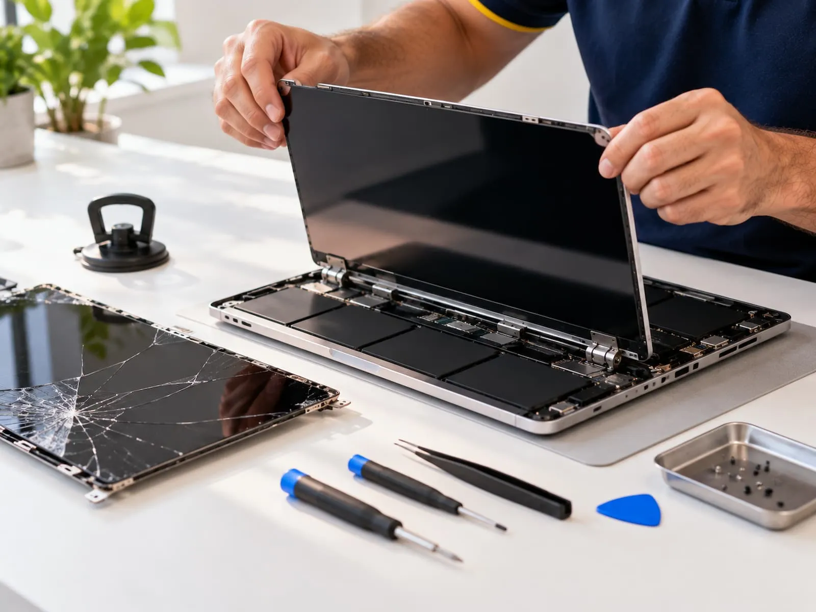 Technician fitting a new display to a MacBook, with the cracked screen beside it