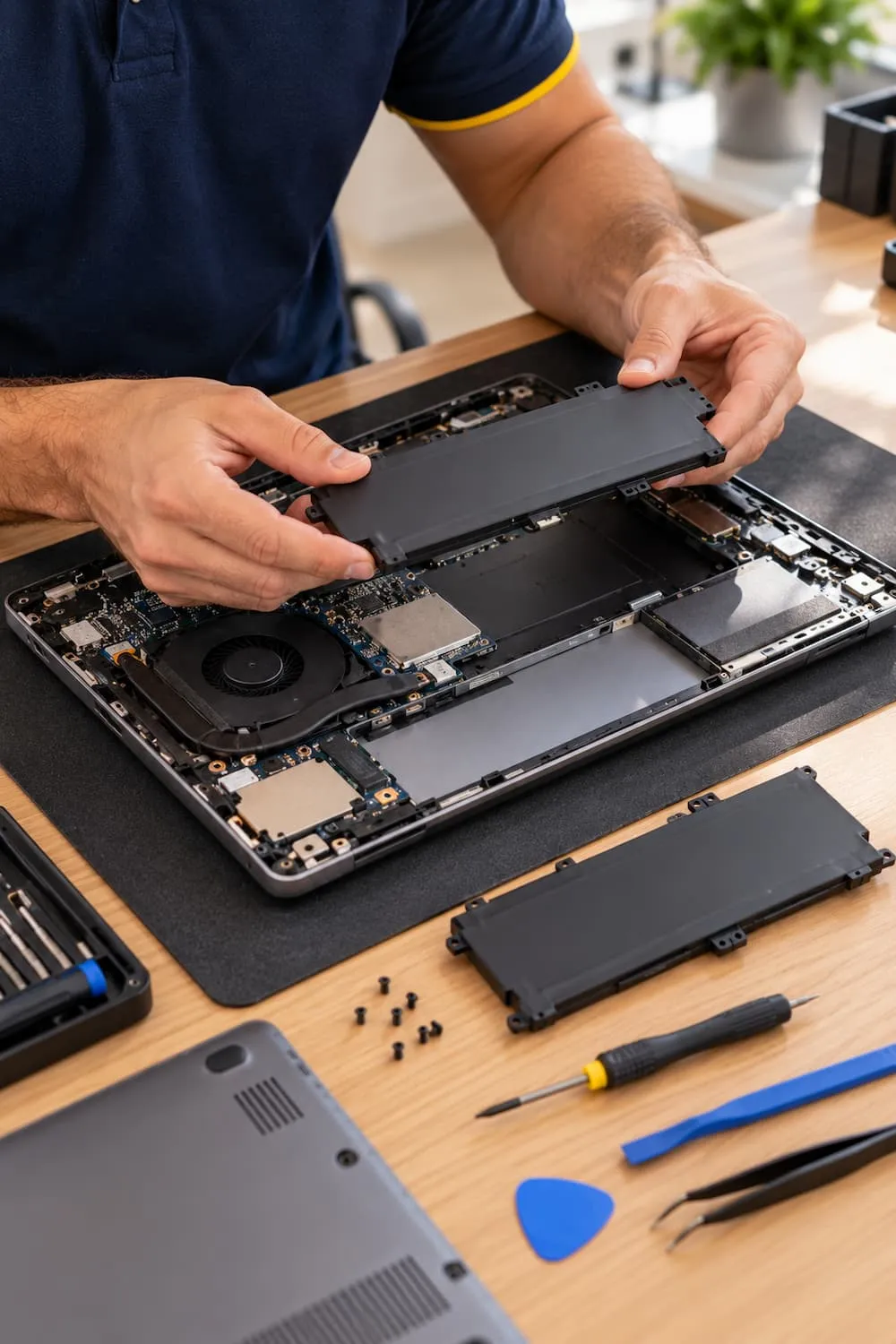 Technician replacing a laptop battery